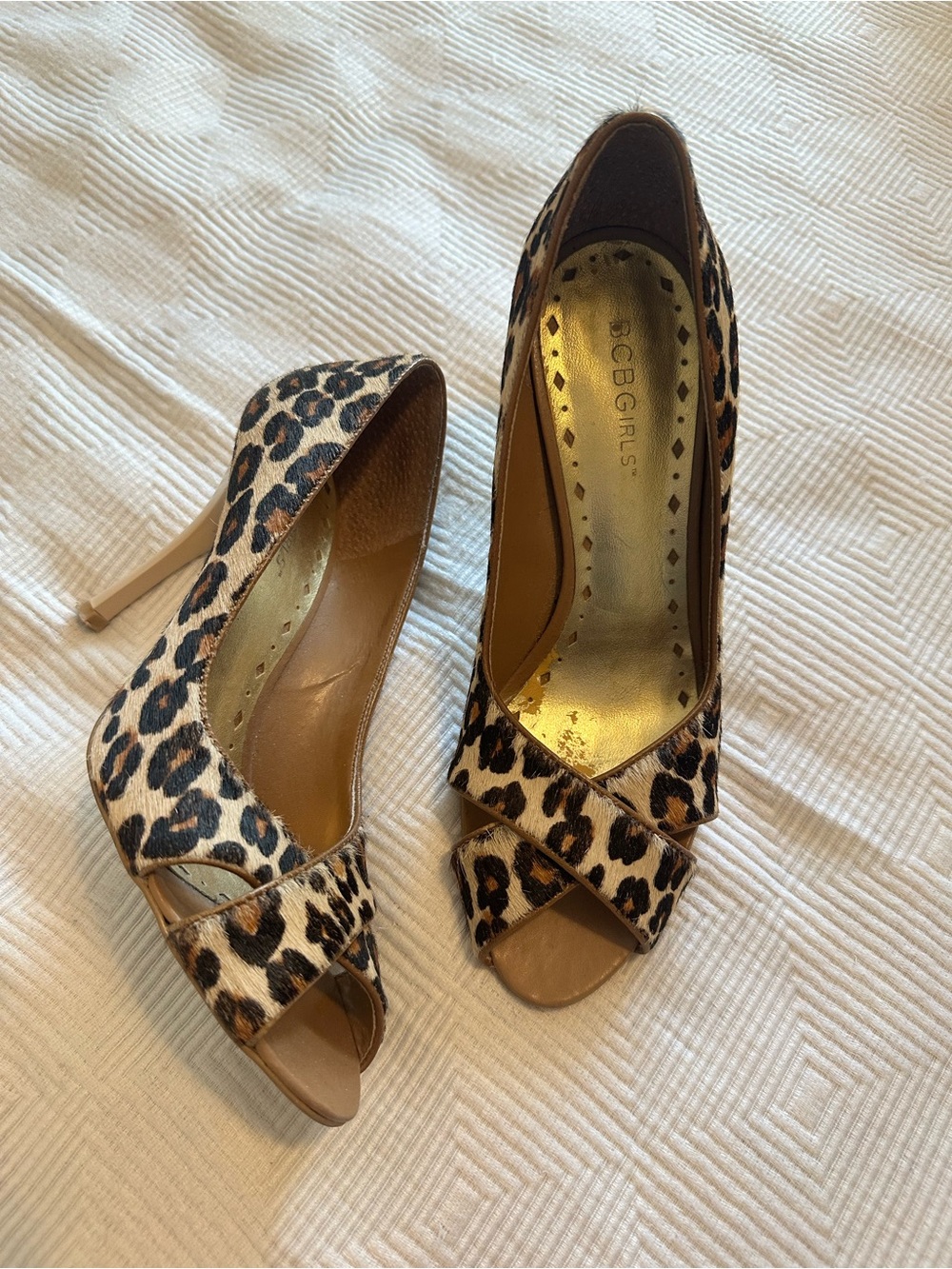BCBGirls Leopard Print Calf Hair Peep-Toe Stiletto Heels in Tan & Black